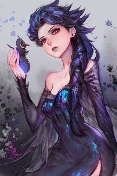 Anime picture 930x1393 with frozen (disney) disney elsa (frozen) olaf (frozen) yilee single long hair tall image looking at viewer breasts red eyes bare shoulders holding signed purple hair braid (braids) lips inscription lipstick single braid