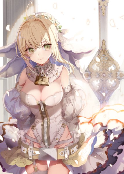 Anime picture 900x1260 with fate (series) fate/extra fate/extra ccc nero claudius (fate) nero claudius (fate/extra) nero claudius (bride) (fate) yukisame single tall image blush fringe short hair breasts light erotic blonde hair smile hair between eyes large breasts bare shoulders green eyes