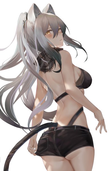 Anime picture 970x1505 with arknights schwarz (arknights) ru zhai single long hair tall image looking at viewer blush fringe light erotic simple background hair between eyes standing white background animal ears yellow eyes payot ass ponytail tail