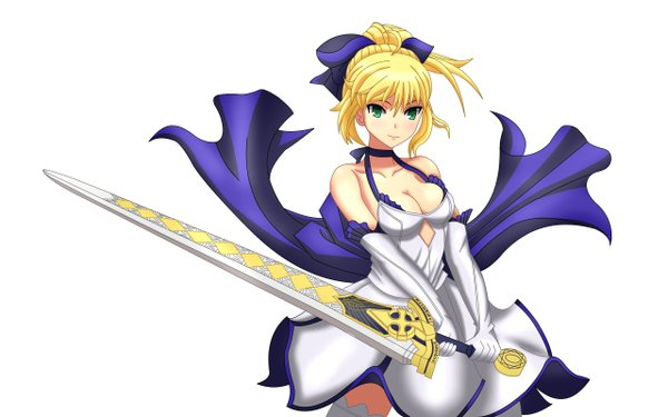Anime picture 1280x800 with fate (series) fate/stay night studio deen type-moon artoria pendragon (all) saber saber lily single long hair breasts blonde hair wide image holding cleavage ponytail aqua eyes girl dress gloves weapon