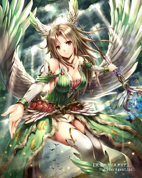Anime picture 640x800 with tenkuu no crystalia gabiran single long hair tall image looking at viewer breasts smile brown hair large breasts bare shoulders brown eyes sky cloud (clouds) ahoge bent knee (knees) long sleeves sunlight leaning leaning forward
