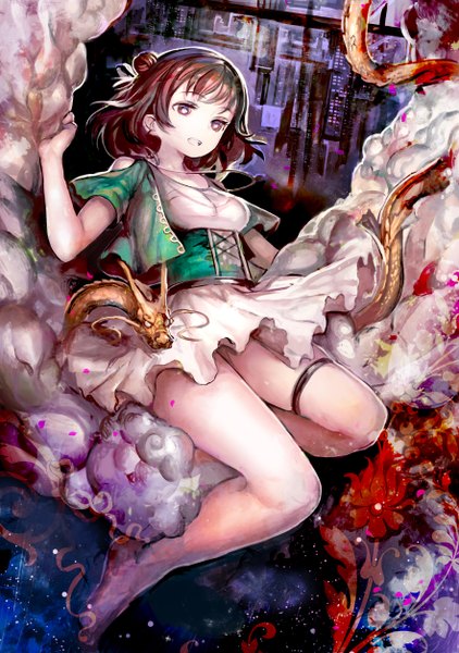 Anime picture 1764x2508 with original orga single tall image fringe highres short hair brown hair purple eyes bare shoulders looking away bent knee (knees) barefoot night bare legs hair bun (hair buns) no shoes night sky city smoke