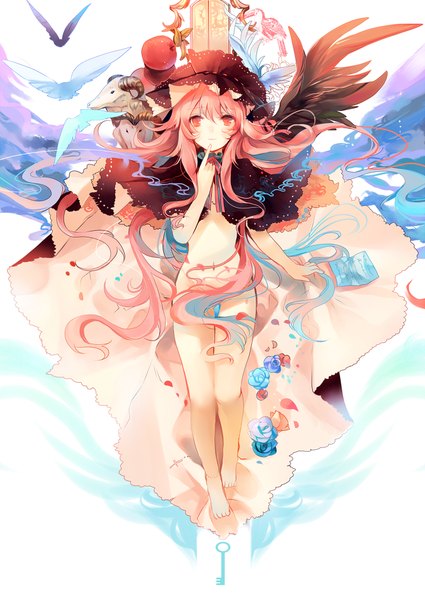 Anime picture 716x1011 with original kirero (pixiv) single long hair tall image light erotic pink hair pink eyes multicolored hair barefoot aqua hair two-tone hair finger to mouth partial nude single wing girl flower (flowers) animal bird (birds) rose (roses)
