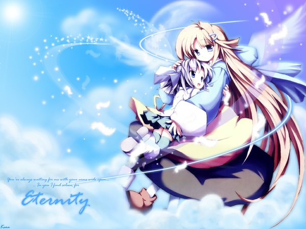Anime picture 1024x768 with blue eyes smile pink hair purple hair cloud (clouds) wallpaper hug angel wings angel wings moon platform footwear