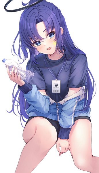 Anime picture 1146x1997 with blue archive yuuka (blue archive) yuuka (gym uniform) (blue archive) primamiya single long hair tall image looking at viewer blush open mouth blue eyes light erotic simple background smile white background sitting holding purple hair head tilt :d