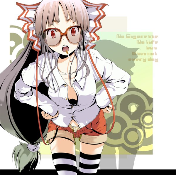 Anime picture 1240x1232 with touhou fujiwara no mokou yae (mono110) single long hair looking at viewer open mouth light erotic red eyes standing ponytail multicolored hair inscription shadow mouth hold partially open clothes hands on hips open shorts girl thighhighs