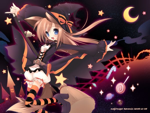 Anime picture 1600x1200 with original karory long hair highres blue eyes brown hair animal ears flat chest striped halloween thighhighs dress ribbon (ribbons) hat star (symbol) bell witch hat striped thighhighs candy lollipop