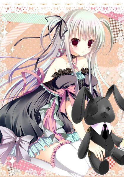 Anime picture 700x1000 with original shirogane hina single long hair tall image blush red eyes silver hair girl thighhighs dress animal white thighhighs toy stuffed animal bunny