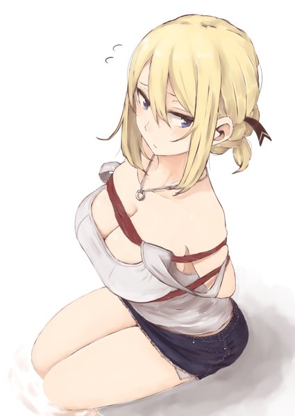 Anime picture 2508x3541 with original kinpatsu-chan (rutchifu) rutchifu single tall image blush fringe highres short hair breasts blue eyes light erotic blonde hair simple background hair between eyes large breasts white background sitting bare shoulders looking away