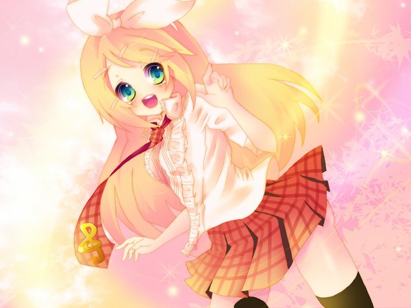 Anime picture 1024x768 with vocaloid kagamine rin tagme (artist) single long hair open mouth green eyes payot zettai ryouiki plaid skirt alternate hairstyle alternate hair length treble clef girl thighhighs skirt uniform bow hair bow school uniform
