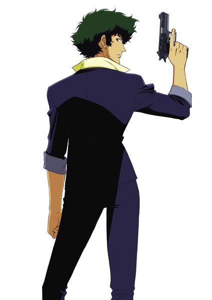 Anime picture 2480x3508 with cowboy bebop sunrise (studio) spike spiegel single tall image highres short hair black hair simple background white background profile looking back from behind twisty sleeves boy choker pistol