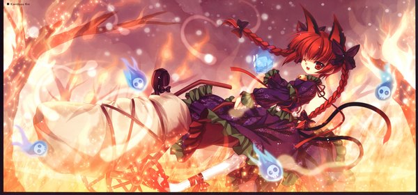 Anime picture 10210x4779 with touhou kaenbyou rin capura lin highres red eyes wide image twintails animal ears red hair one eye closed wink cat ears cat tail extra ears laughing incredibly absurdres girl dress bow plant (plants)