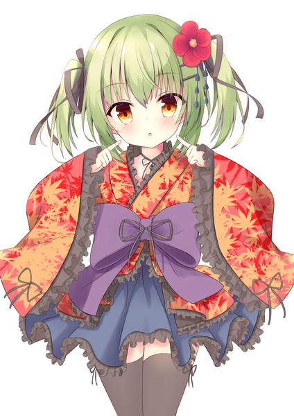 Anime picture 1158x1638 with original hiragana ababa single tall image looking at viewer blush fringe short hair simple background hair between eyes standing white background twintails yellow eyes payot traditional clothes japanese clothes hair flower green hair wide sleeves