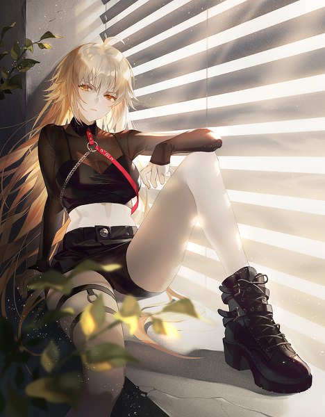 Anime picture 936x1200 with fate (series) fate/grand order jeanne d'arc (fate) (all) jeanne d'arc alter (fate) fajyobore single long hair tall image looking at viewer blush fringe breasts blonde hair hair between eyes sitting yellow eyes ahoge bent knee (knees) indoors long sleeves
