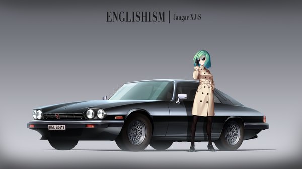 Anime picture 3834x2154 with original jaguar (car) keller enasa arnold-s single highres breasts wide image standing looking away absurdres long sleeves green hair grey background high heels hand in pocket double buttons adjusting glasses girl gloves