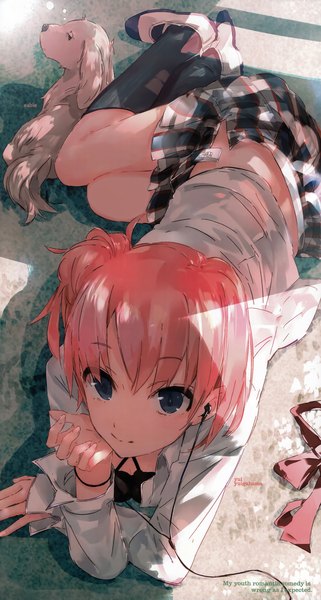 Anime picture 3213x6000 with yahari ore no seishun love comedy wa machigatteiru. brains base (studio) yuigahama yui ponkan eight single tall image looking at viewer highres short hair blue eyes pink hair absurdres scan official art girl skirt miniskirt shirt socks headphones