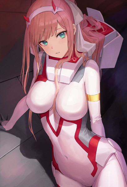 Anime picture 1329x1949 with darling in the franxx studio trigger zero two (darling in the franxx) hamstarhand single long hair tall image looking at viewer blush fringe breasts light erotic large breasts sitting pink hair indoors parted lips head tilt horn (horns) aqua eyes