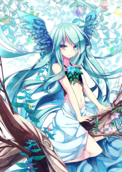 Anime picture 1446x2046 with original nyori single long hair tall image looking at viewer sitting bare shoulders blue hair multicolored eyes girl navel flower (flowers) plant (plants) wings tree (trees) leaf (leaves) branch