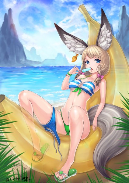 Anime picture 991x1402 with blade & soul lyn (blade & soul) mhg (hellma) single long hair tall image looking at viewer blush open mouth blue eyes light erotic blonde hair twintails bare shoulders signed animal ears sky cloud (clouds) bent knee (knees) tail