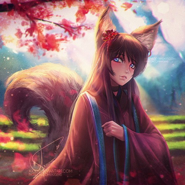 Anime picture 900x900 with original axsen single long hair looking at viewer blush blue eyes brown hair signed animal ears tail traditional clothes parted lips japanese clothes animal tail hair flower lips sunlight blurry realistic