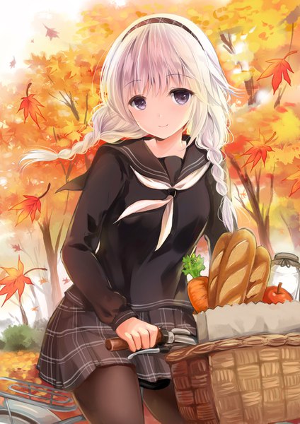 Anime picture 992x1403 with original yuuri (mafuyu) mafuyu single long hair tall image looking at viewer blush fringe smile purple eyes silver hair outdoors braid (braids) twin braids plaid skirt autumn girl skirt uniform