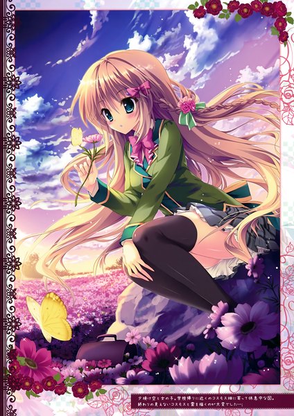 Anime picture 2475x3500 with prismatic world (artbook) shiramori yuse single long hair tall image blush highres blue eyes brown hair looking away sky cloud (clouds) braid (braids) scan girl thighhighs skirt uniform flower (flowers) bow