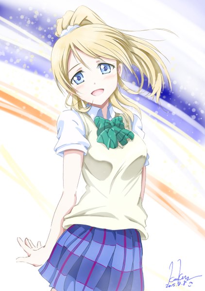 Anime picture 1000x1420 with love live! school idol project sunrise (studio) love live! ayase eli kem kem single long hair tall image looking at viewer blush open mouth blue eyes blonde hair signed ponytail dated girl uniform school uniform
