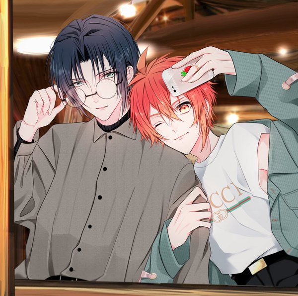 Anime picture 1814x1800 with idolish 7 gucci nanase riku izumi iori nozomi jeweljam looking at viewer fringe highres short hair black hair smile hair between eyes holding ahoge red hair head tilt one eye closed arm up wink open clothes