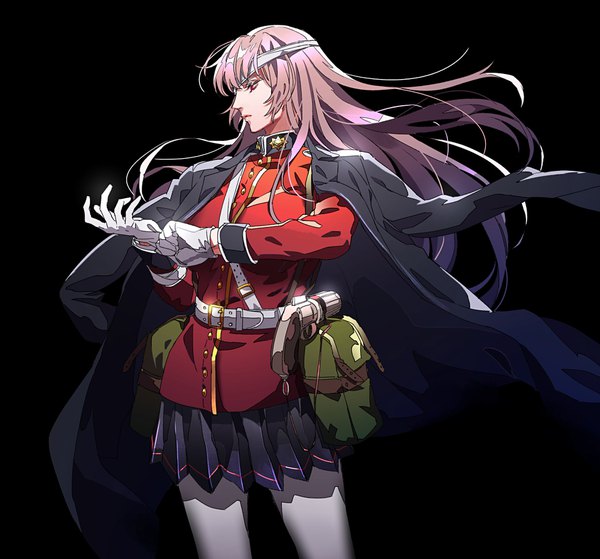 Anime picture 1882x1754 with fate (series) fate/grand order florence nightingale (fate) tenobe single long hair highres simple background red eyes looking away pink hair profile pleated skirt wind black background serious clothes on shoulders military adjusting clothes bandage over one eye