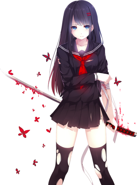 Anime picture 1024x1385 with original sin (caidychen) caidychen single long hair tall image looking at viewer blush fringe blue eyes black hair standing holding payot pleated skirt torn clothes transparent background injury bloody weapon bleeding