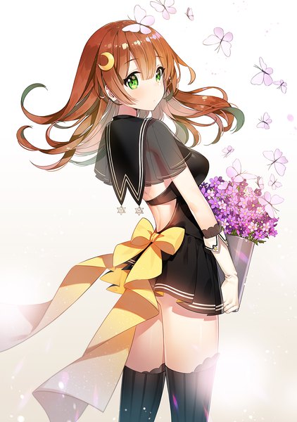 Anime picture 900x1280 with original ayami (annahibi) single long hair tall image looking at viewer blush fringe breasts light erotic simple background hair between eyes brown hair standing holding green eyes looking back gradient background floating hair sailor collar