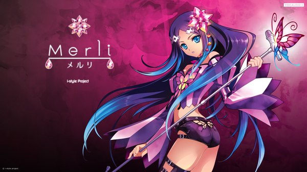 Anime picture 1920x1080 with vocaloid merli (vocaloid) carnelian single long hair looking at viewer highres blue eyes wide image purple hair wallpaper girl hair ornament detached sleeves shorts microphone stand