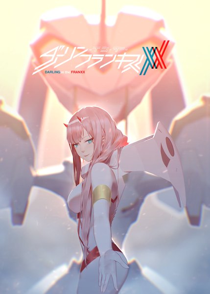 Anime picture 1998x2796 with darling in the franxx studio trigger zero two (darling in the franxx) maredoro single long hair tall image looking at viewer fringe highres breasts light erotic standing pink hair horn (horns) aqua eyes blurry inscription depth of field copyright name