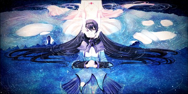 Anime picture 1002x501 with mahou shoujo madoka magica shaft (studio) akemi homura kaname madoka goddess madoka kurage (youmaycry) fringe wide image purple eyes multiple girls pink hair purple hair lying very long hair on back girl dress gloves ribbon (ribbons) 2 girls