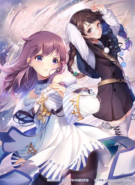 Anime picture 800x1098 with unconquered castle alia (unconquered castle) nina (unconquered castle) paint musume long hair tall image blush brown hair standing purple eyes multiple girls brown eyes looking away purple hair braid (braids) parted lips wide sleeves arms up twin braids double buttons
