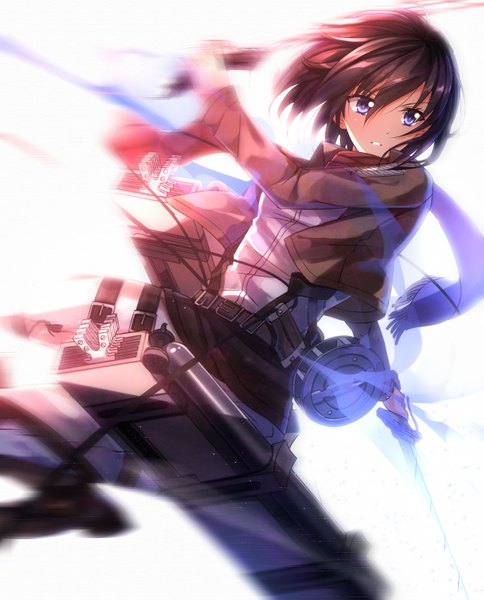 Anime picture 678x840 with shingeki no kyojin production i.g mikasa ackerman swordsouls single tall image looking at viewer short hair blue eyes black hair open clothes open jacket girl weapon sword jacket scarf