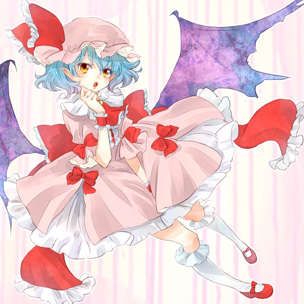 Anime picture 1200x1200 with touhou remilia scarlet meiji (charisma serve) single looking at viewer fringe short hair open mouth hair between eyes blue hair pointy ears short sleeves orange eyes frilled dress bat wings outline girl dress bow hat