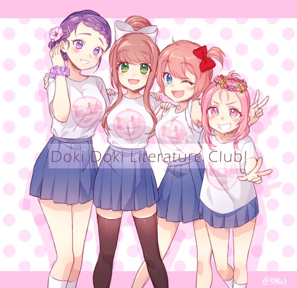 Anime picture 1122x1086 with doki doki literature club monika (doki doki literature club) yuri (doki doki literature club) natsuki (doki doki literature club) sayori (doki doki literature club) nan (gokurou) long hair looking at viewer blush fringe short hair open mouth blue eyes smile brown hair standing purple eyes multiple girls green eyes signed