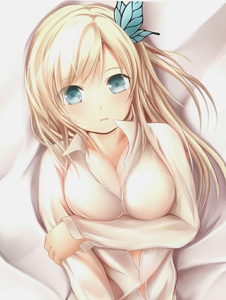 Anime picture 756x1000 with boku wa tomodachi ga sukunai kashiwazaki sena nannacy7 single long hair tall image looking at viewer blue eyes light erotic blonde hair cleavage girl hair ornament shirt butterfly hair ornament