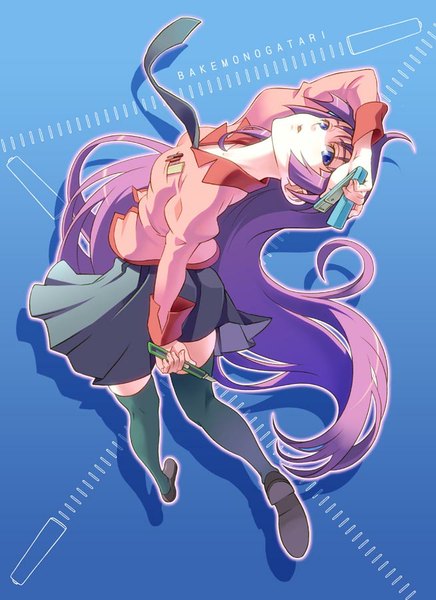 Anime picture 654x900 with bakemonogatari shaft (studio) monogatari (series) senjougahara hitagi pairan single long hair tall image blue eyes purple hair full body parted lips pleated skirt inscription copyright name girl thighhighs skirt uniform black thighhighs