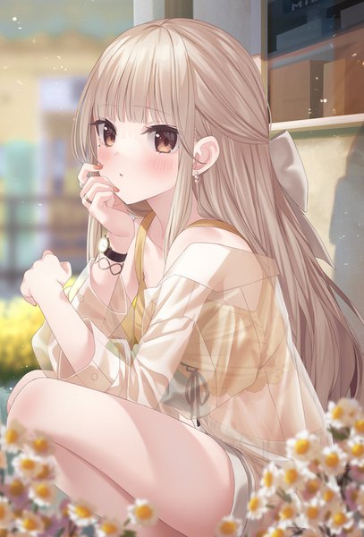 Anime picture 2042x3011 with original jimmy madomagi single long hair tall image looking at viewer blush fringe highres open mouth blonde hair brown eyes payot outdoors blunt bangs long sleeves nail polish fingernails blurry off shoulder