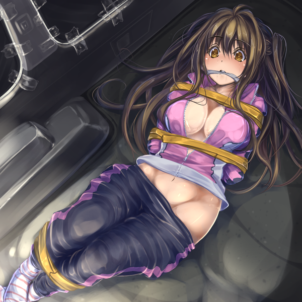 Anime picture 1024x1024 with idolmaster idolmaster cinderella girls shimamura uzuki monikano single long hair looking at viewer fringe breasts light erotic brown hair large breasts yellow eyes bent knee (knees) lying from above open clothes open jacket bare belly one side up