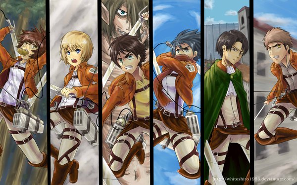 Anime picture 4000x2500 with shingeki no kyojin production i.g mikasa ackerman eren yaeger levi (rivaille) armin arlert sasha blouse rogue titan jean kirstein whiteshiro1996 looking at viewer fringe highres open mouth blue eyes black hair blonde hair brown hair wide image brown eyes