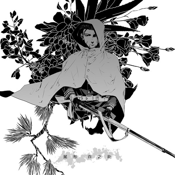 Anime picture 890x890 with golden kamuy ogata hyakunosuke rasshel single looking at viewer short hair upper body character names monochrome scar military boy uniform flower (flowers) weapon gun hood cape military uniform branch