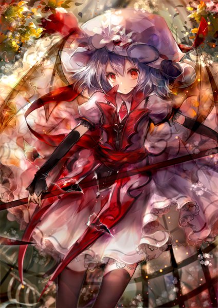 Anime picture 1400x1980 with touhou koumajou densetsu remilia scarlet hanchan single tall image looking at viewer fringe short hair hair between eyes red eyes purple hair puffy sleeves bat wings girl thighhighs dress black thighhighs hat detached sleeves