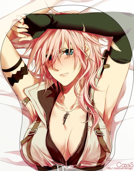 Anime picture 788x1000 with final fantasy xiii lightning farron rioko single long hair tall image looking at viewer blush blue eyes light erotic signed pink hair lying armpit (armpits) girl gloves elbow gloves pendant single glove