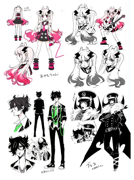 Anime picture 1024x1369 with spree killer (manga) ayamo naki ringo long hair tall image fringe short hair black hair simple background standing white background twintails green eyes pink hair white hair profile one eye closed pink eyes multicolored hair horn (horns)
