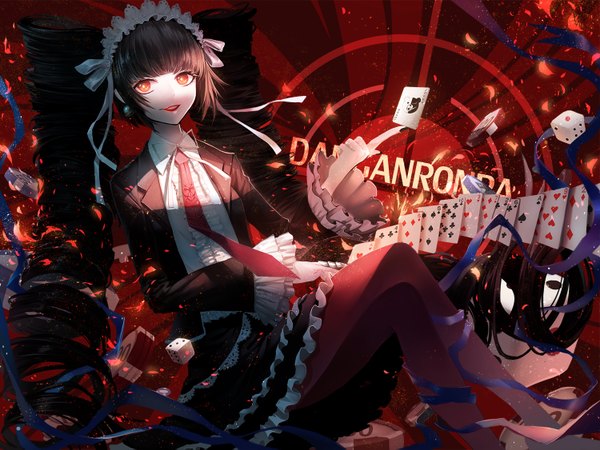 Anime picture 1500x1125 with dangan ronpa celestia ludenberg yandywu single looking at viewer black hair smile red eyes twintails very long hair crossed legs drill hair red background girl dress ribbon (ribbons) necktie headdress card (cards) dice