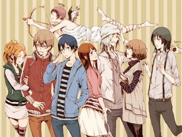 Anime picture 1042x790 with bakuman. j.c. staff mashiro moritaka akito takagi azuki miho fukuda shinta nizuma eiji cupid aoki yuriko kaya miyoshi kazuya hiramaru himi (artist) long hair blush short hair blue eyes black hair smile brown hair brown eyes