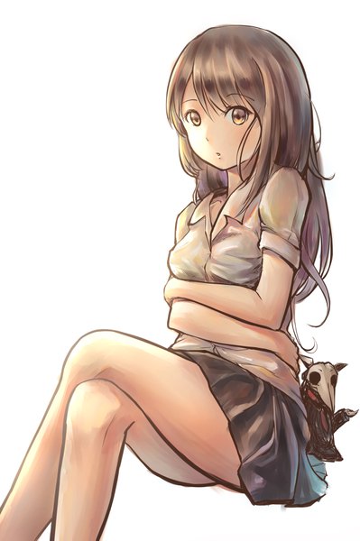 Anime picture 2508x3774 with original yahiro (666131415) single long hair tall image blush fringe highres open mouth simple background hair between eyes brown hair white background sitting brown eyes looking away pleated skirt bare legs short sleeves crossed legs